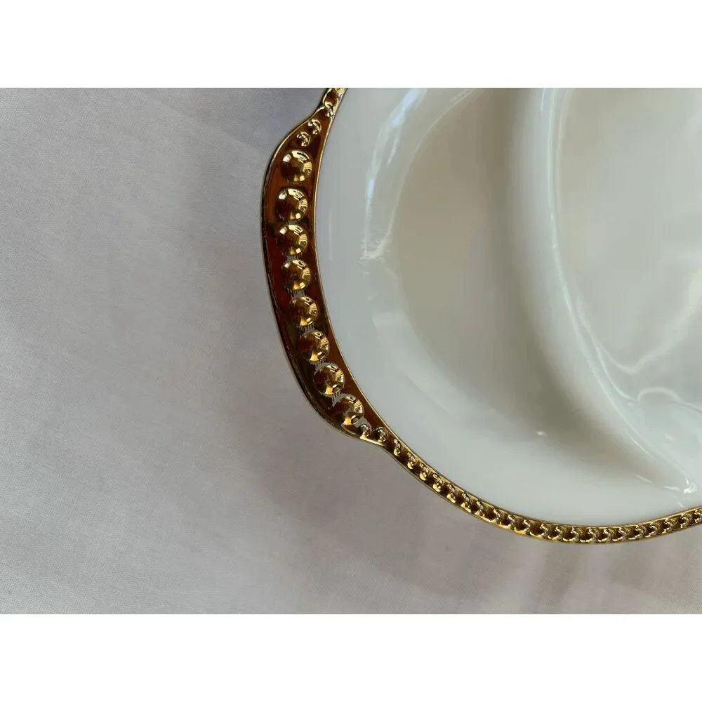 Vintage Fire King Milk Glass Three Section Platter Set, Gold Trim, Made in USA